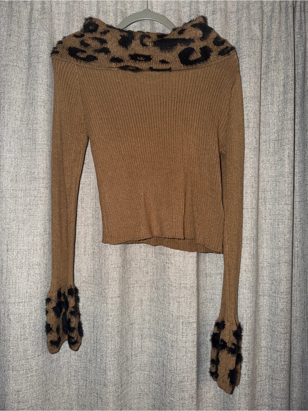 Off Shoulder Leopard Trim Brown Women's Knit Sweater